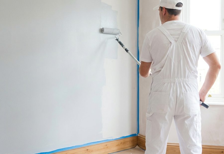 Painter rolling pale grey paint onto an interior wall